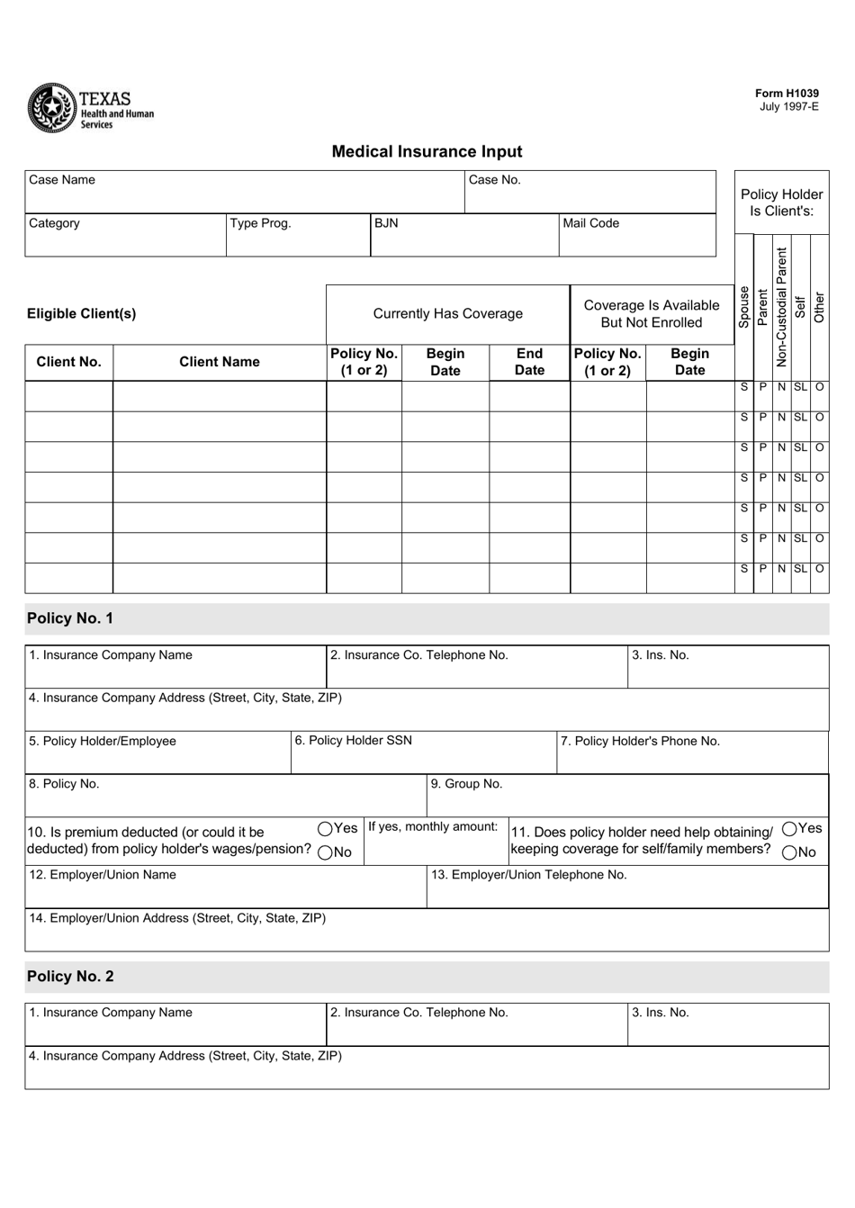 Form H1039 Medical Insurance Input - Texas, Page 1