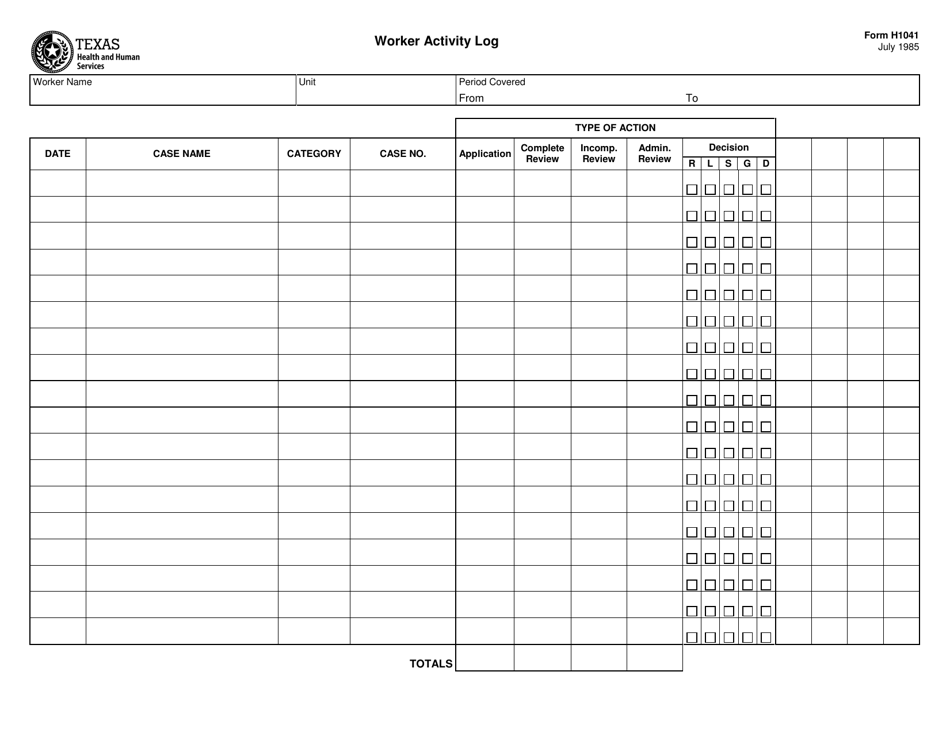 Form H1041 Worker Activity Log - Texas, Page 1