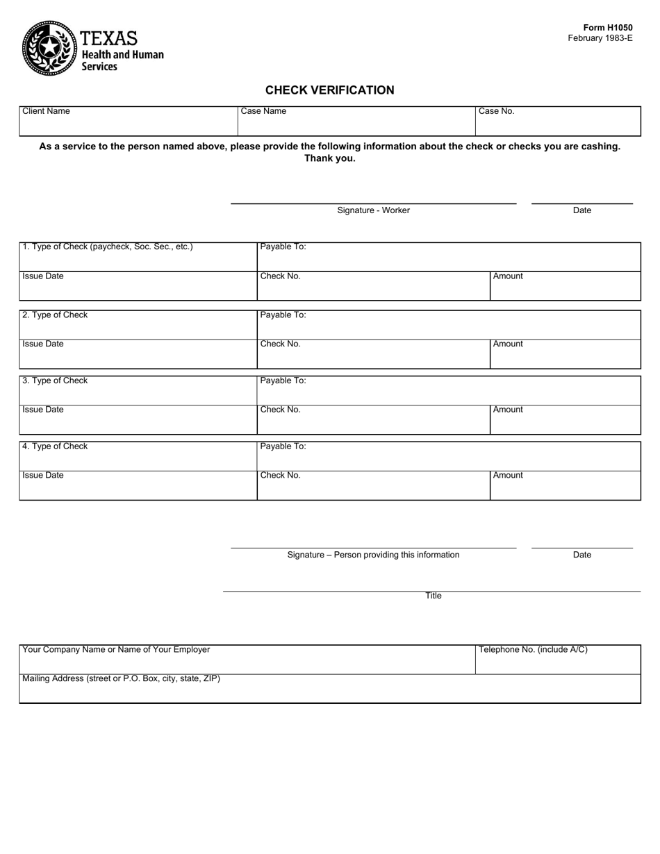 Form H1050 Check Verification - Texas, Page 1