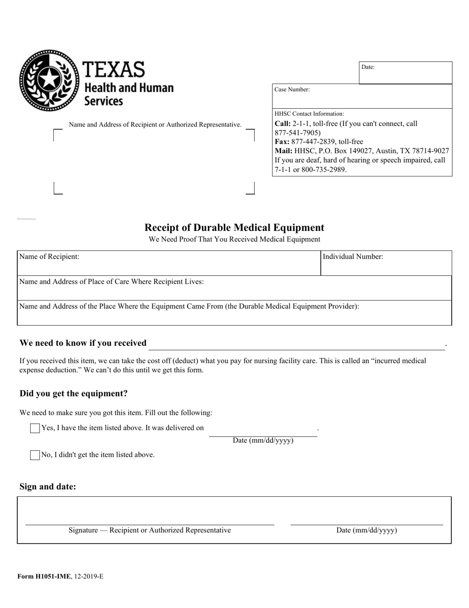 Form H1051-IME Receipt of Durable Medical Equipment - Texas, Page 1