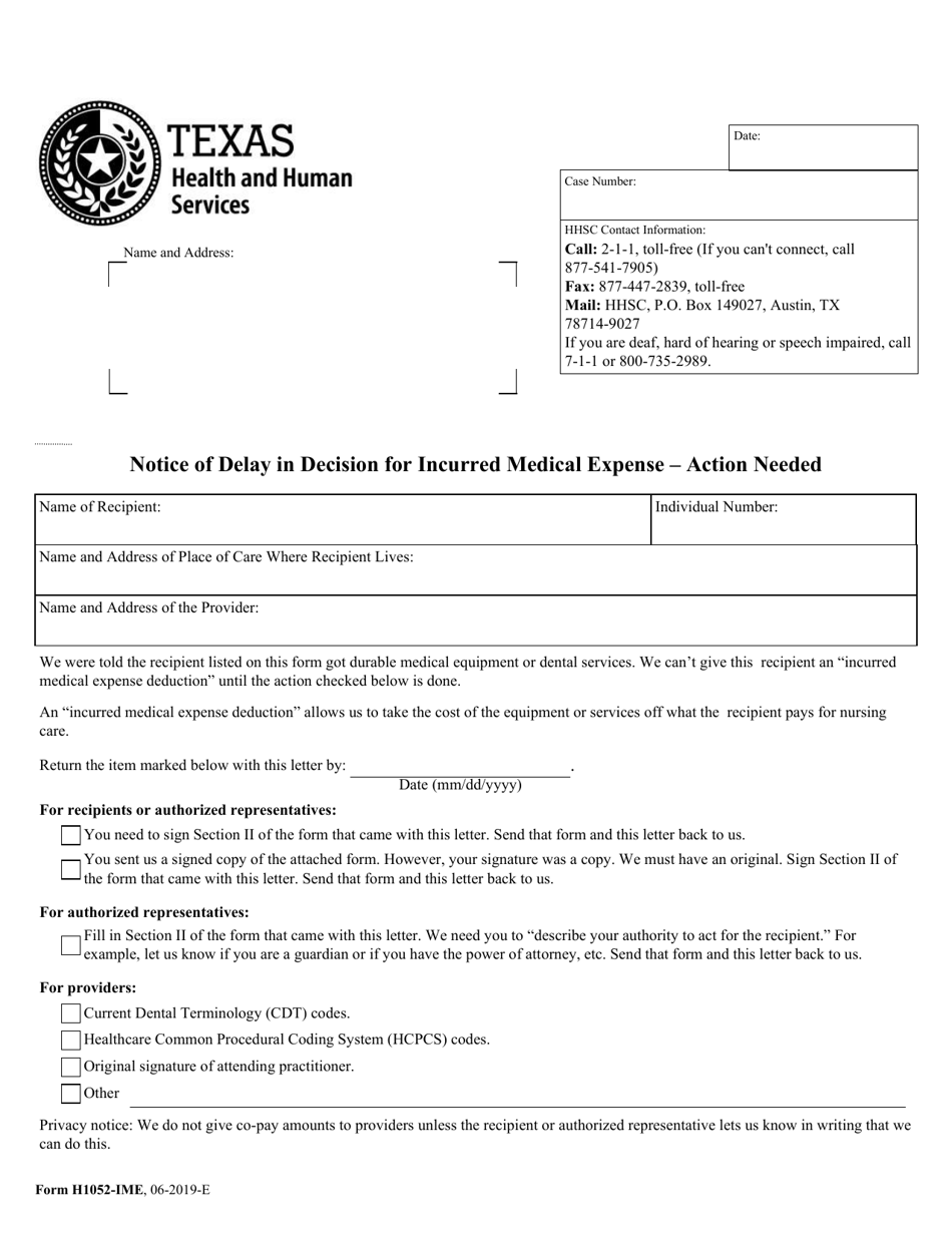 Form H1052-IME Notice of Delay in Decision for Incurred Medical Expense - Action Needed - Texas, Page 1