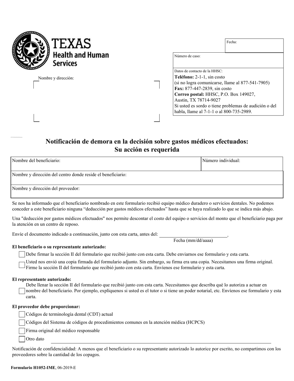 Formulario H1052-IME Notificacion De Demora En La Decision Sobre Gastos Medicos Efectuados: Su Accion Es Requerida - Texas (Spanish), Page 1