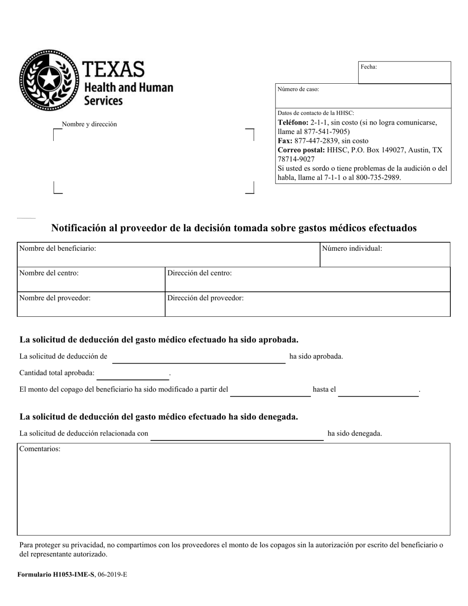 Formulario H1053-IME-S Notificacion Al Proveedor De La Decision Tomada Sobre Gastos Medicos Efectuados - Texas (Spanish), Page 1