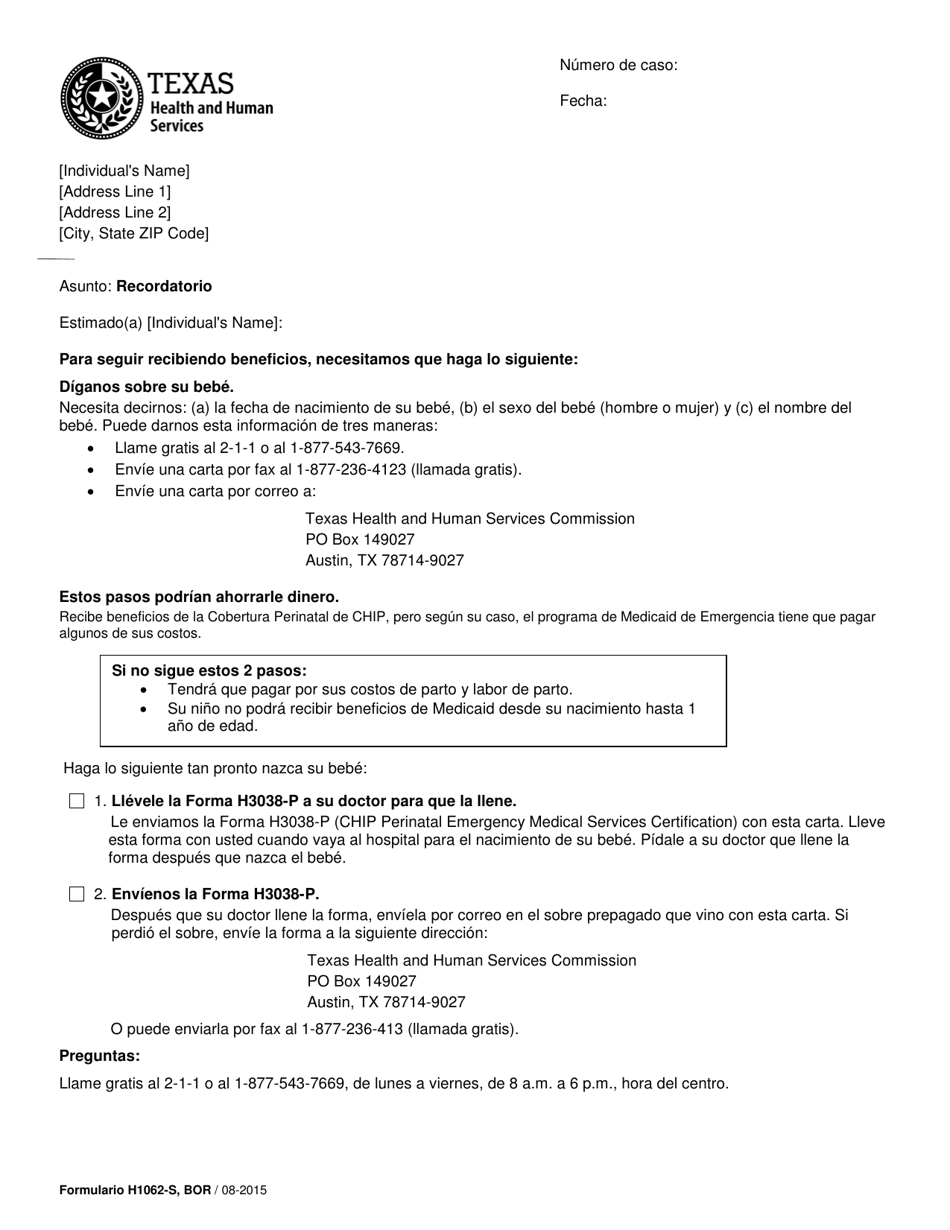 Formulario H1062-S Birth Outcome Reminder Letter - Texas (Spanish), Page 1
