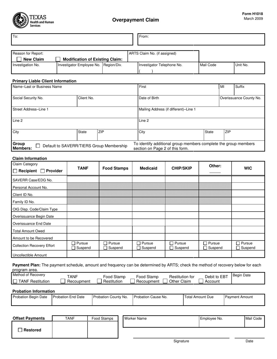 Form H1018 Overpayment Claim - Texas, Page 1