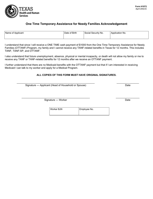 Form H1072 One Time Temporary Assistance for Needy Families Acknowledgement - Texas