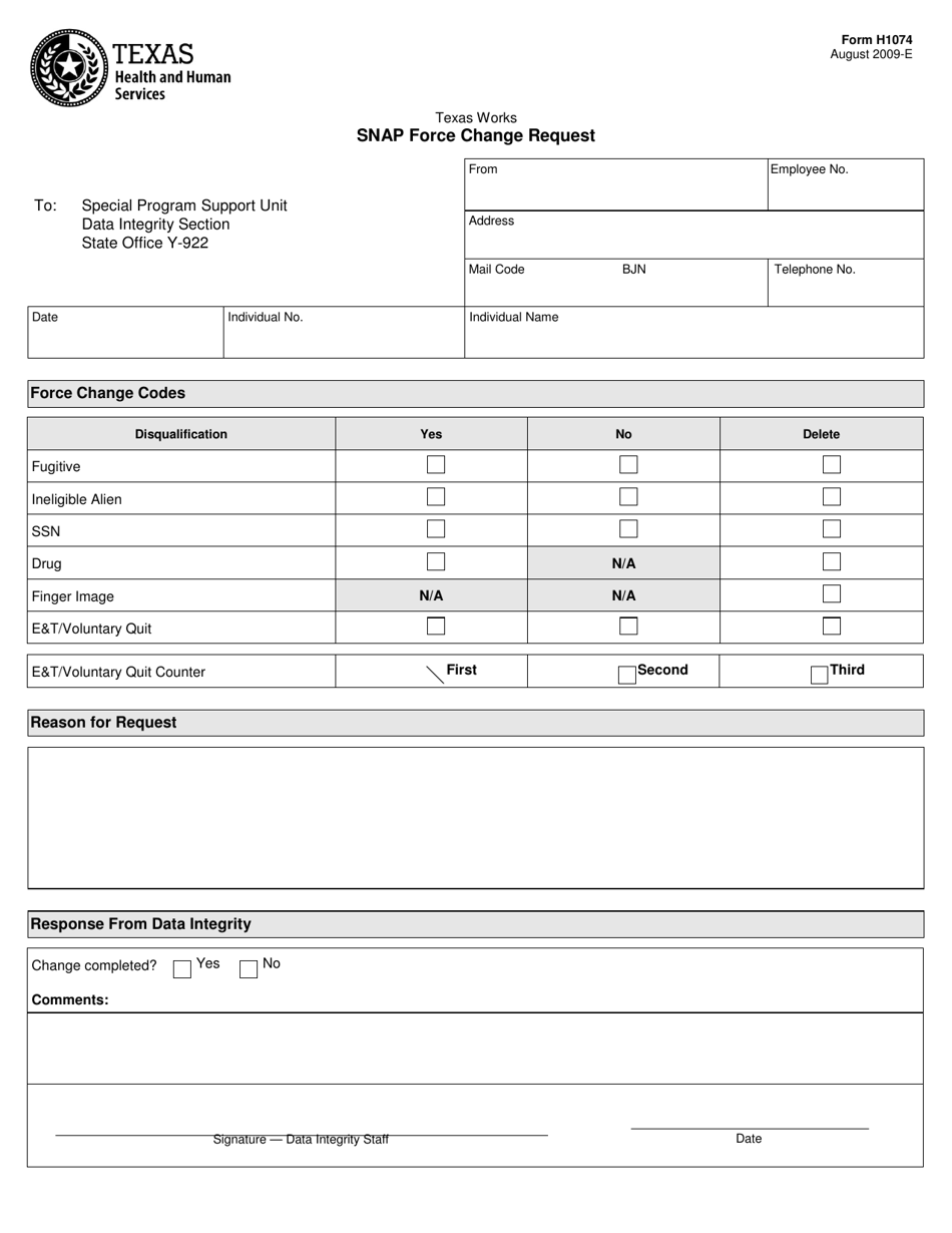 Form H1074 Snap Force Change Request - Texas, Page 1