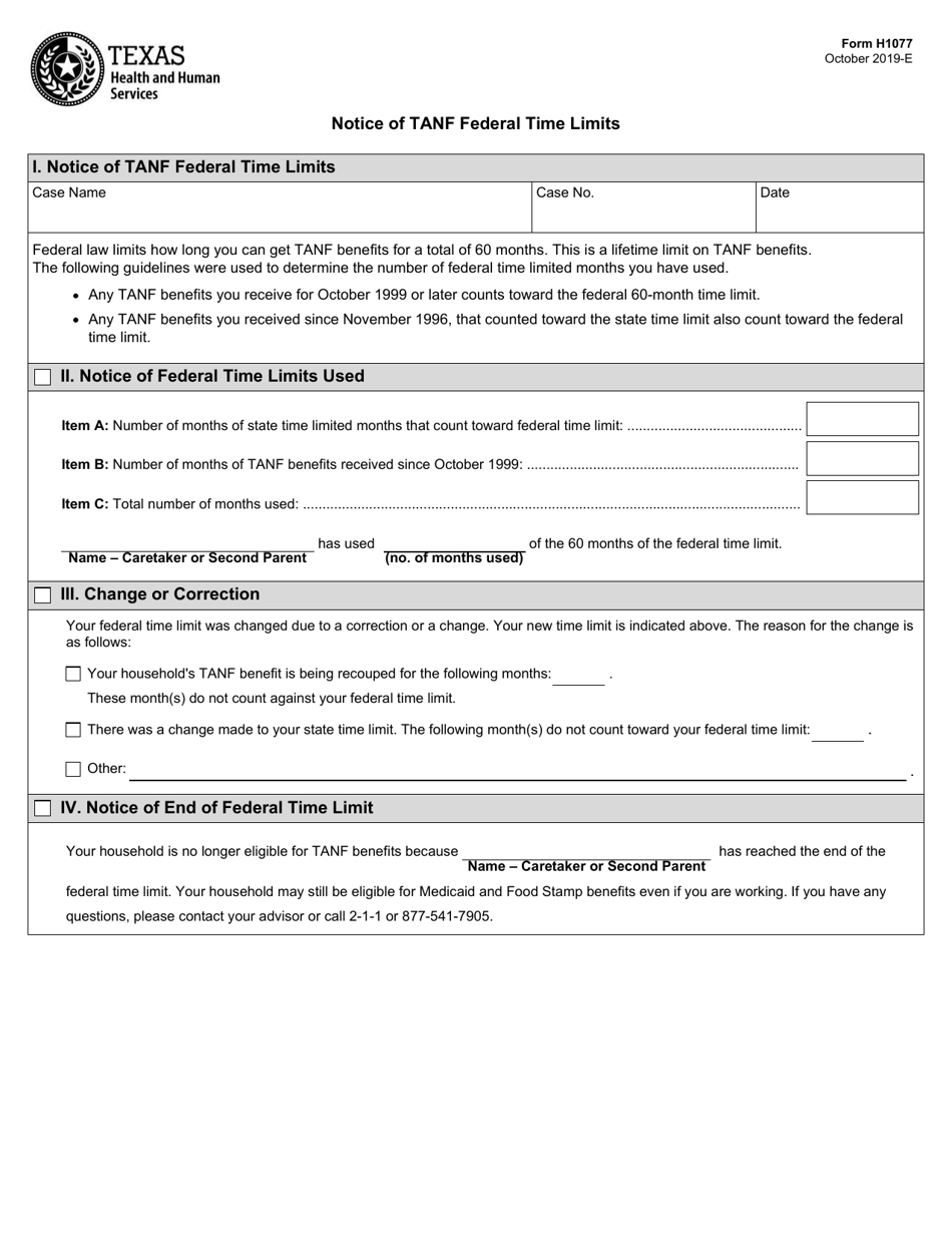 Form H1077 Notice of TANF Federal Time Limits - Texas, Page 1