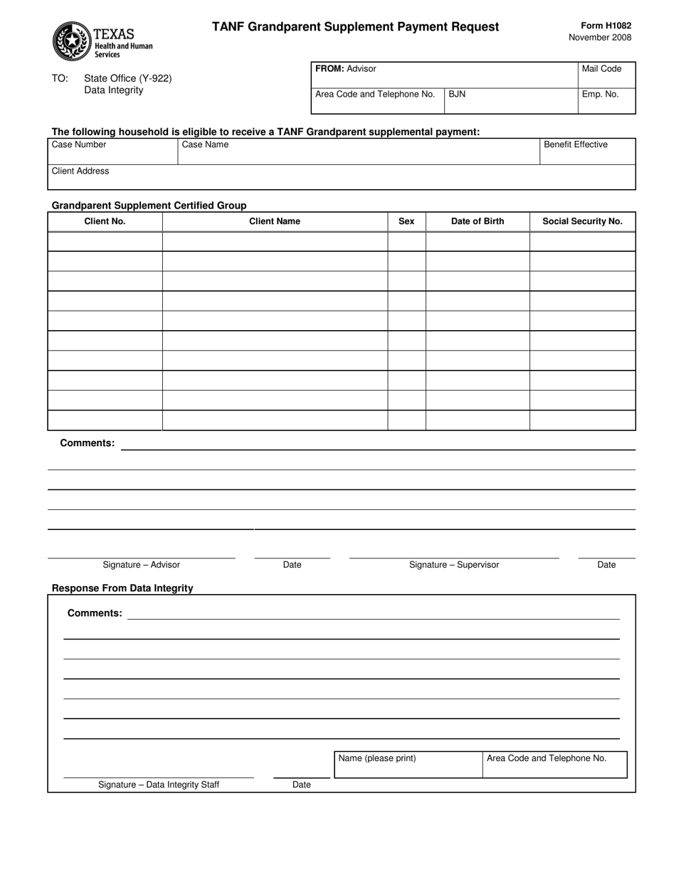 Form H1082 TANF Grandparent Supplement Payment Request - Texas, Page 1
