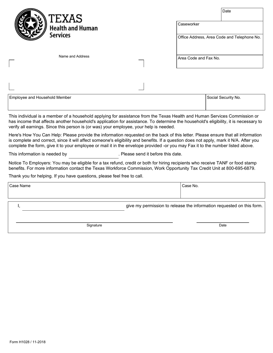 Form H1028 Fill Out, Sign Online and Download Fillable PDF, Texas