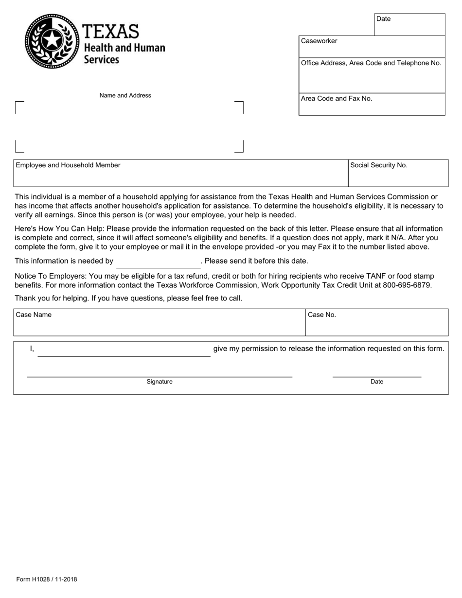Form H1028 Employment Verification - Texas, Page 1