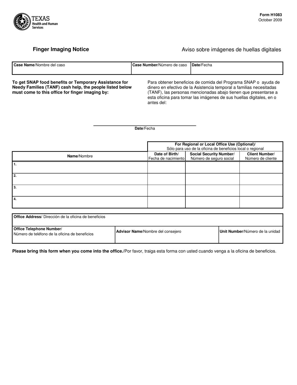 Form H1083 Finger Imaging Notice - Texas (English / Spanish), Page 1
