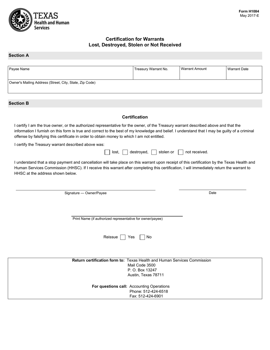 Form H1084 Certification for Warrants Lost, Destroyed, Stolen or Not Received - Texas, Page 1