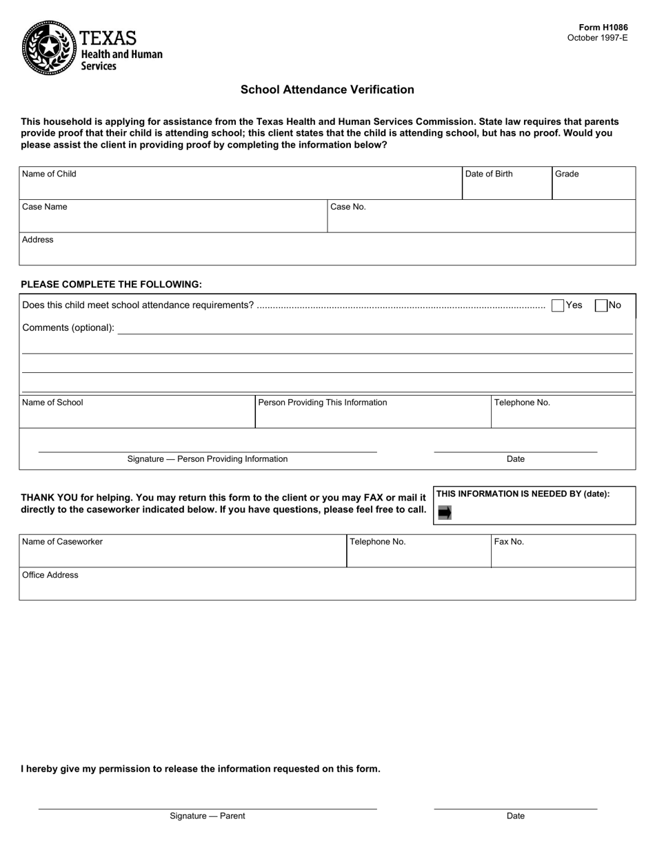 Form H1086 School Attendance Verification - Texas, Page 1