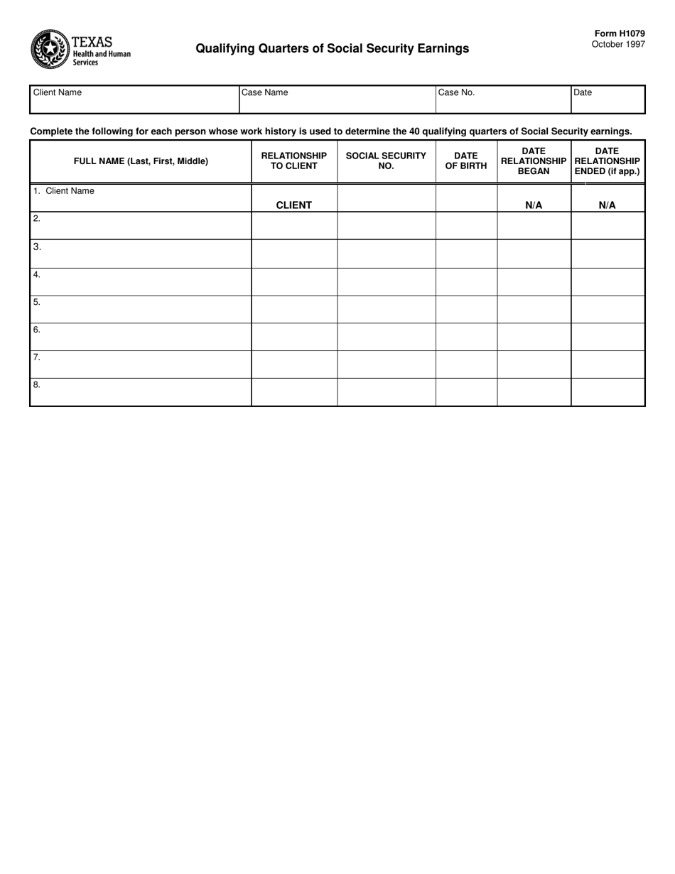 Form H1079 Qualifying Quarters of Social Security Earnings - Texas, Page 1