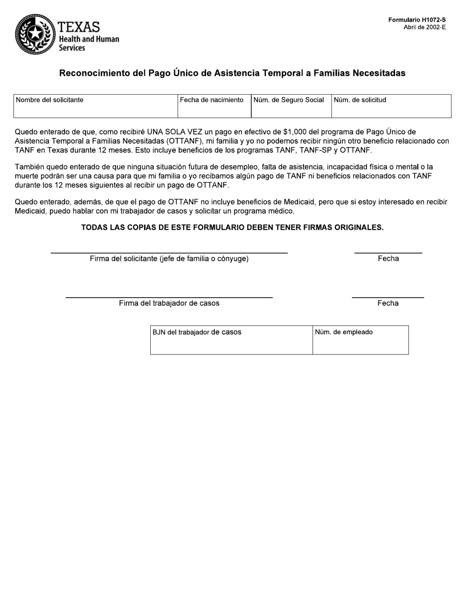 Formulario H1072-S Reconocimiento Del Pago Unico De Asistencia Temporal a Familias Necesitadas - Texas (Spanish), Page 1