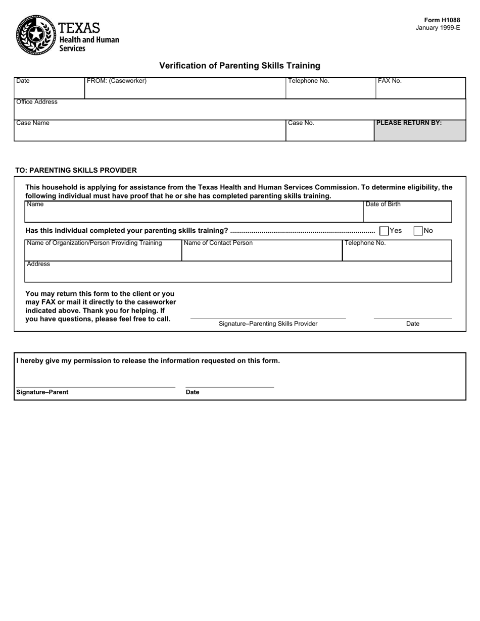 Form H1088 Verification of Parenting Skills Training - Texas, Page 1