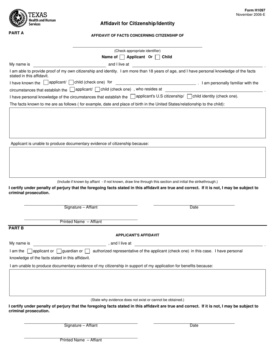 Form H1097 Affidavit for Citizenship / Identity - Texas, Page 1