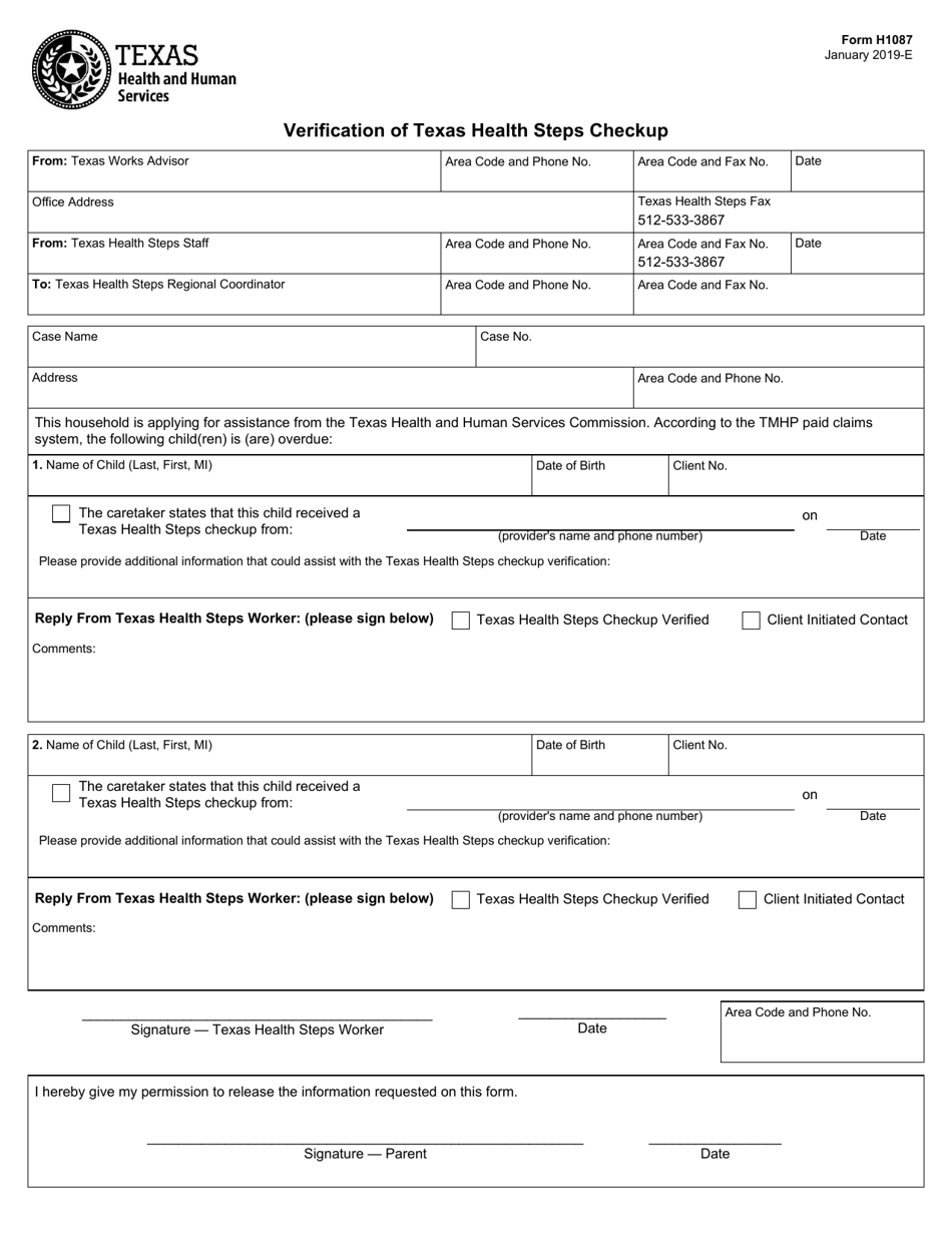 Form H1087 Verification of Texas Health Steps Checkup - Texas, Page 1
