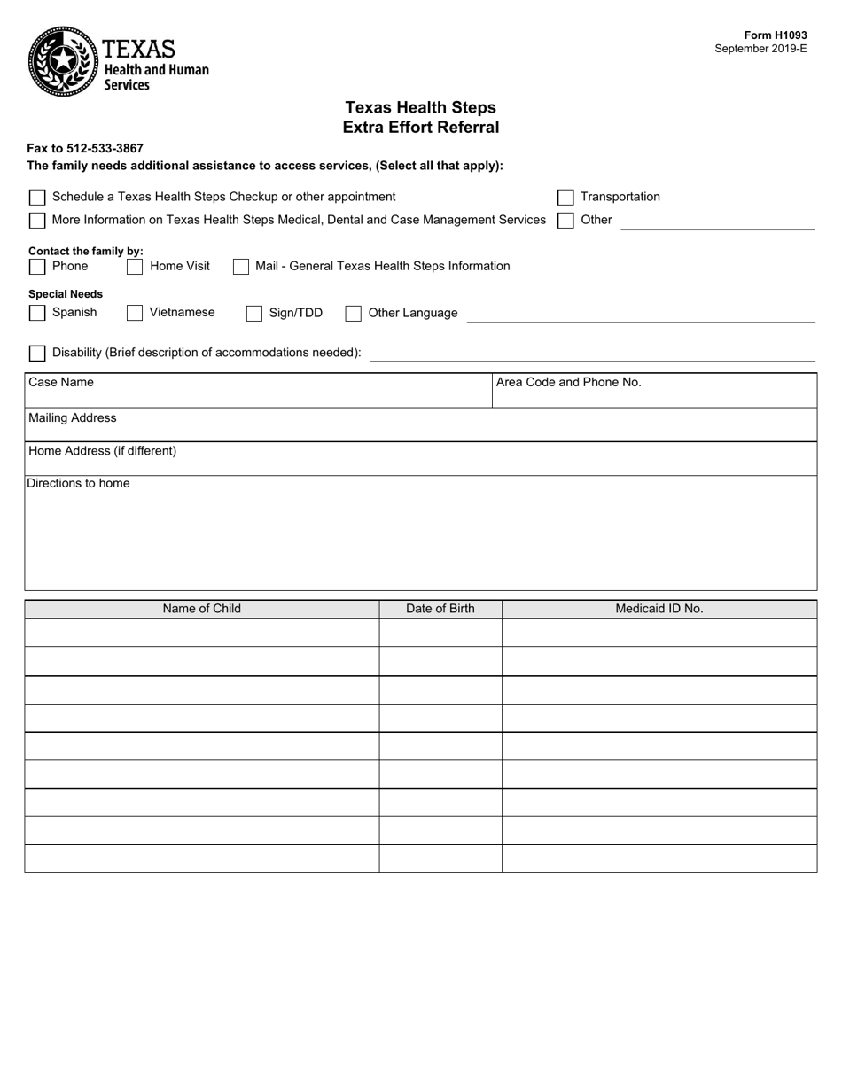 Form H1093 Texas Health Steps Extra Effort Referral - Texas, Page 1
