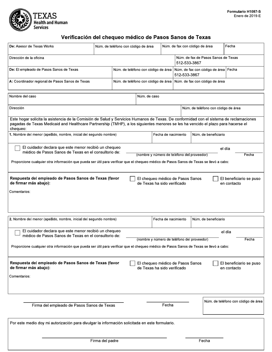 Formulario H1087-S Verificacion Del Chequeo Medico De Pasos Sanos De Texas - Texas (Spanish), Page 1