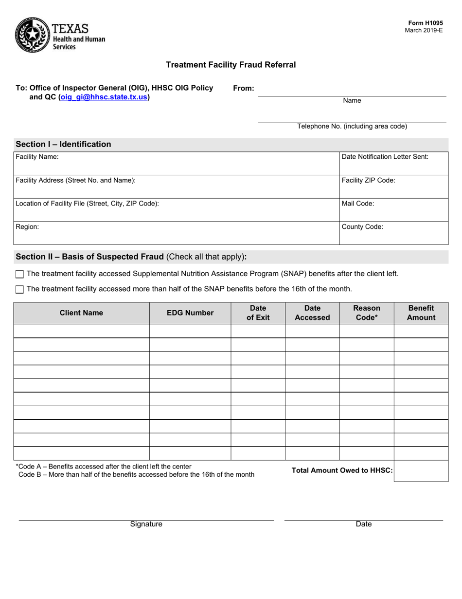 Form H1095 Treatment Facility Fraud Referral - Texas, Page 1