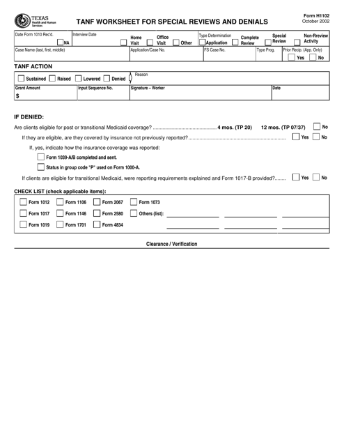 Document preview: Form H1102 TANF Worksheet for Special Reviews and Denials - Texas