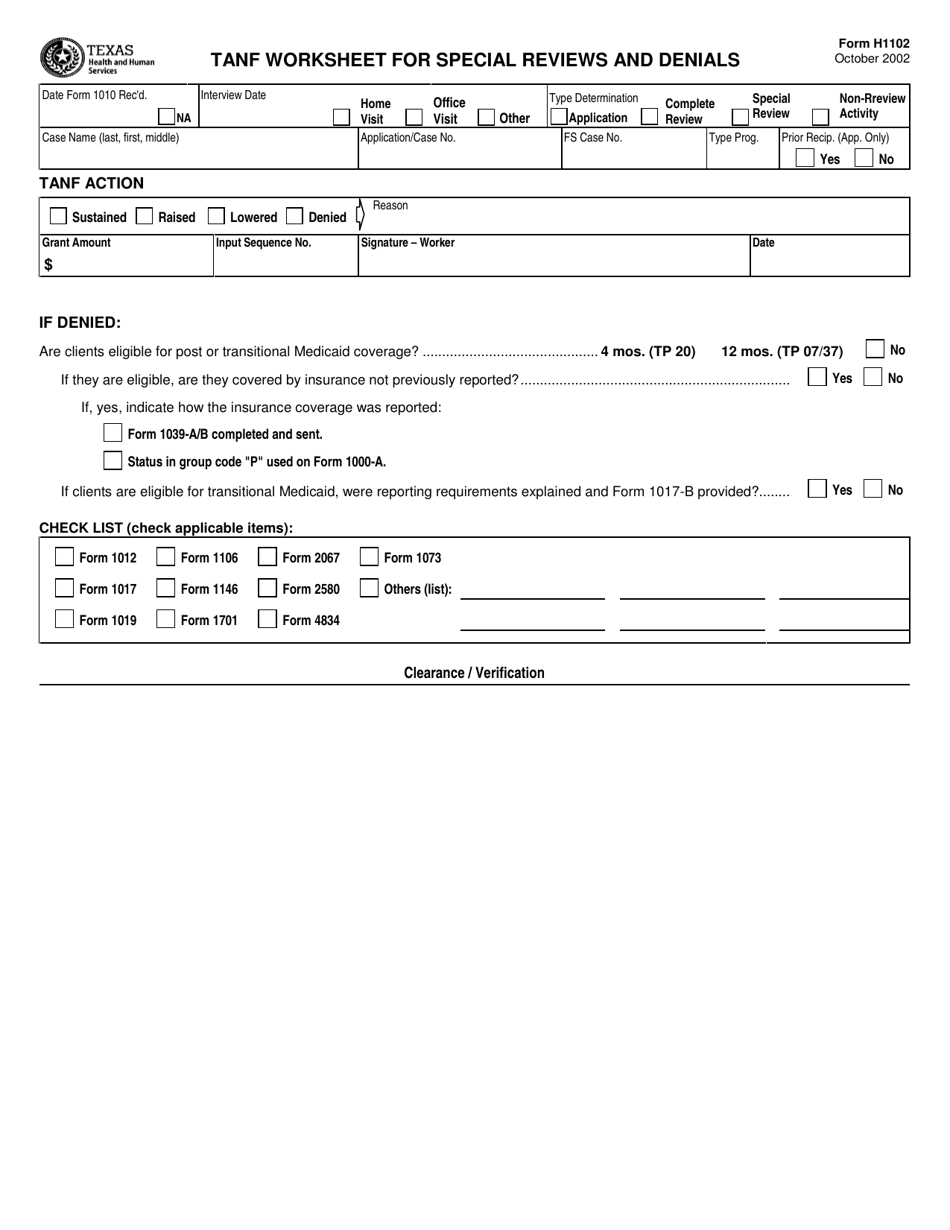 Form H1102 TANF Worksheet for Special Reviews and Denials - Texas, Page 1