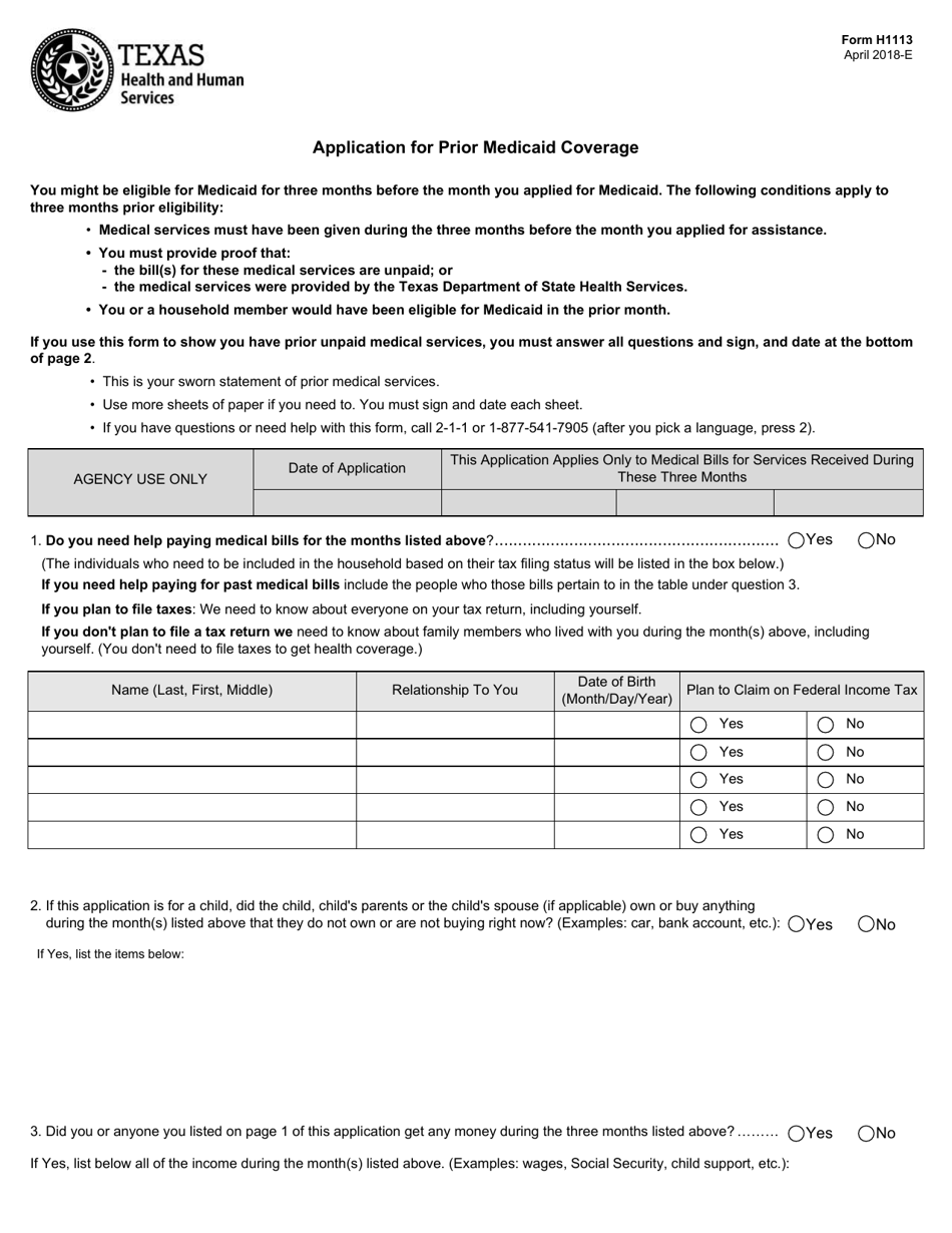 Form H1113 Application for Prior Medicaid Coverage - Texas, Page 1