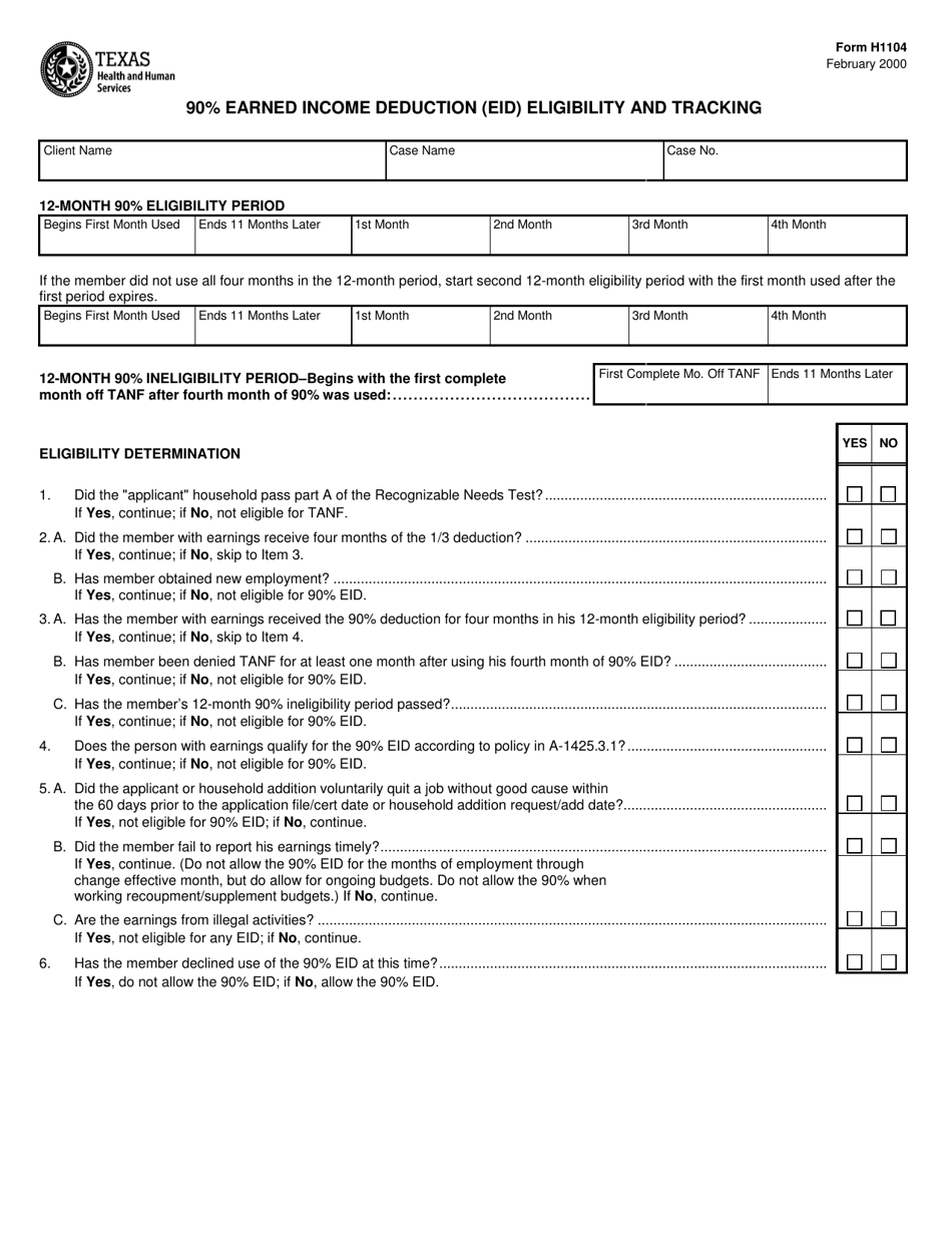 Form H1104 90% Earned Income Deduction (Eid) Eligibility and Tracking - Texas, Page 1