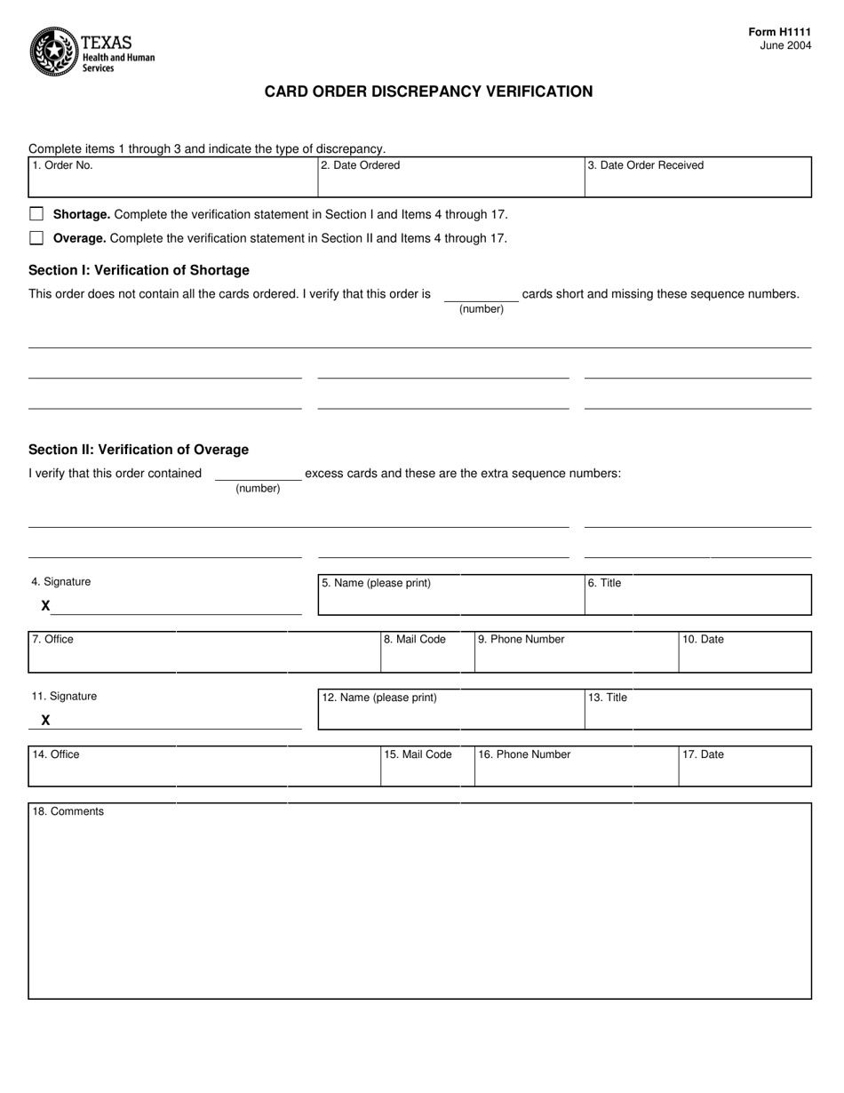 Form H1111 Card Order Discrepancy Verification - Texas, Page 1
