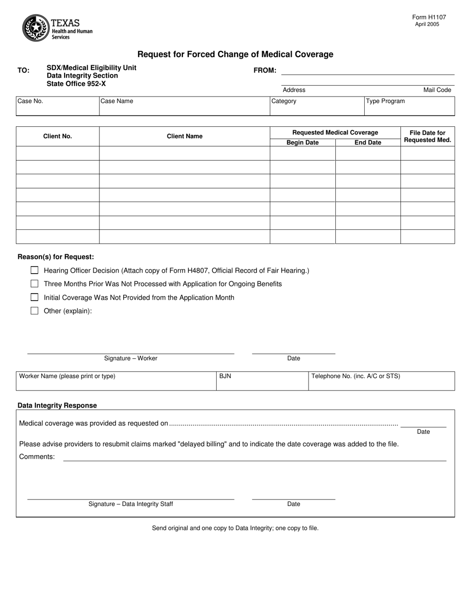 Form H1107 Request for Forced Change of Medical Coverage - Texas, Page 1
