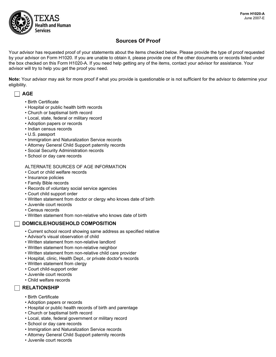 Form H1020-A Sources of Proof - Texas, Page 1