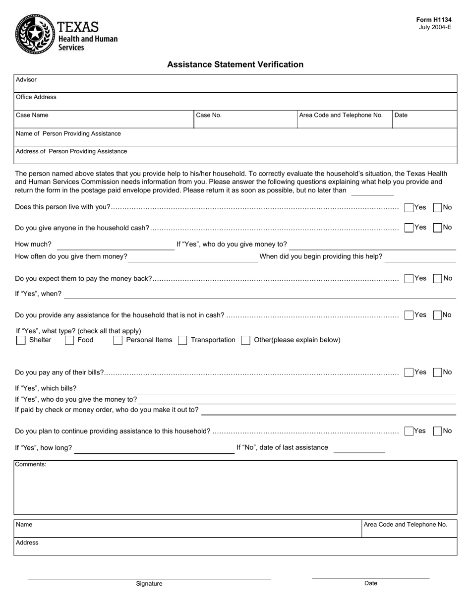 Form H1134 Assistance Statement Verification - Texas, Page 1