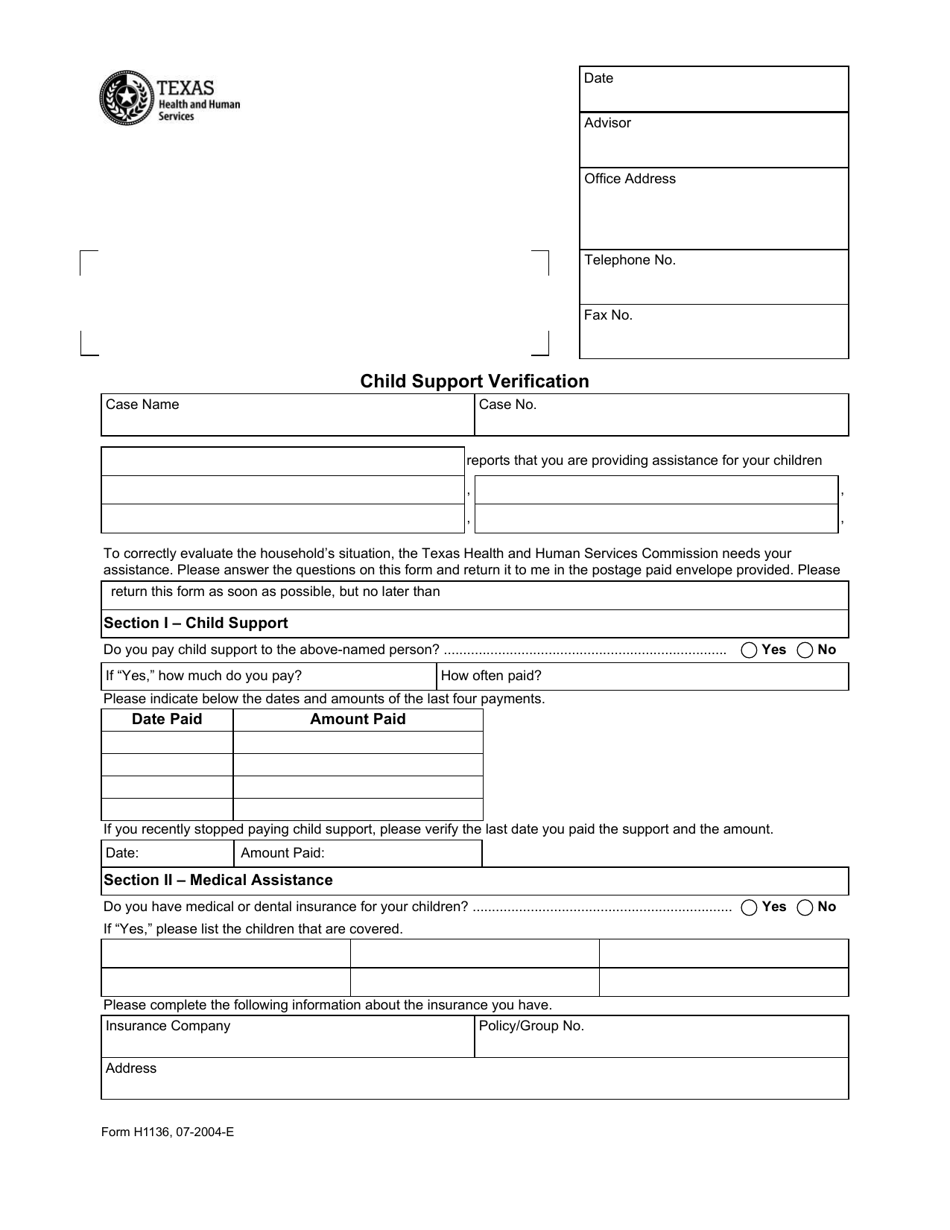 Form H1136 Child Support Verification - Texas, Page 1