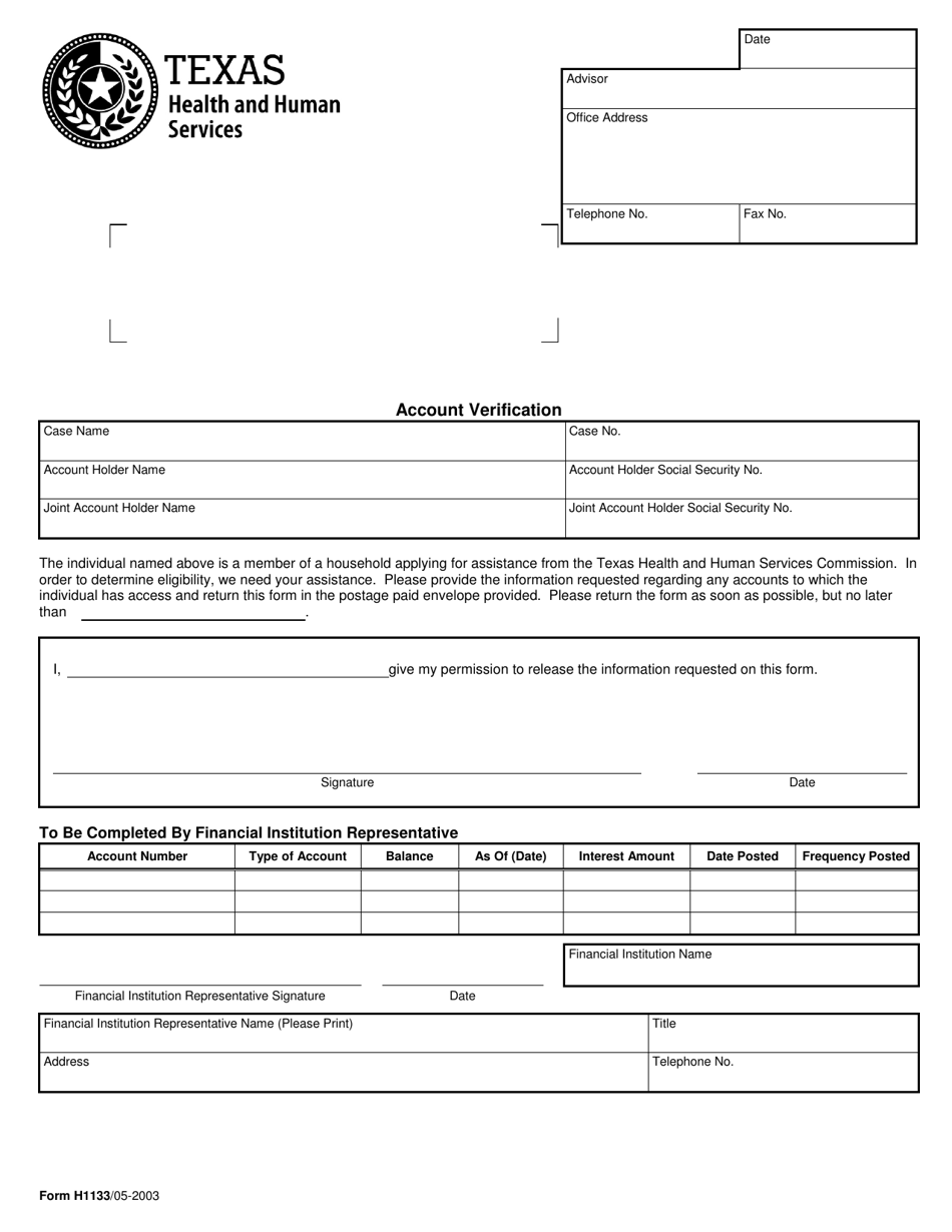 Form H1133 Account Verification - Texas (English/Spanish), Page 1