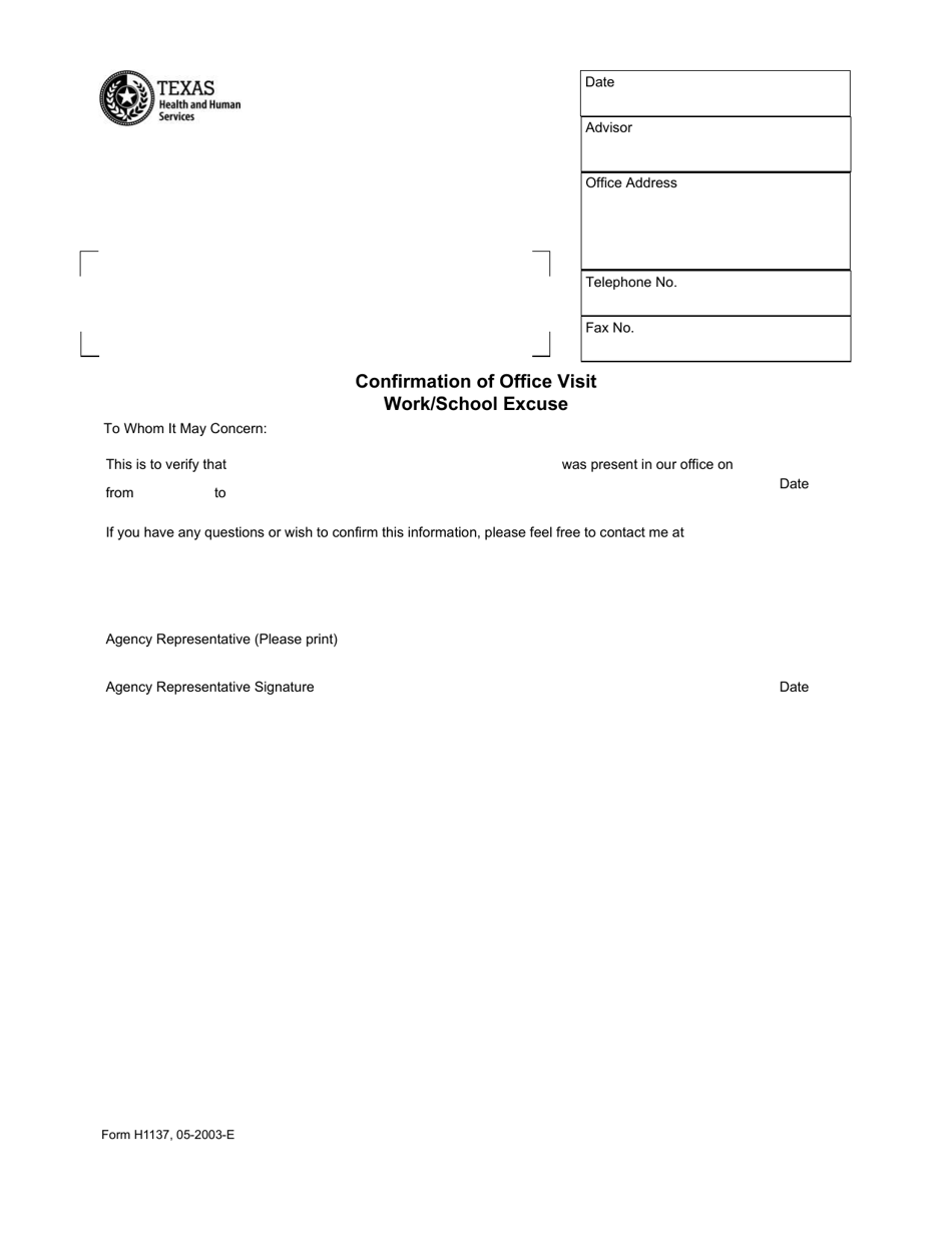 Form H1137 Confirmation of Office Visit Work / School Excuse - Texas, Page 1