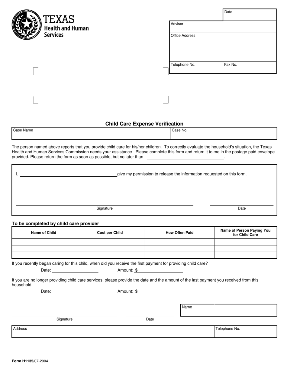 Form H1135 Child Care Expense Verification - Texas (English / Spanish), Page 1