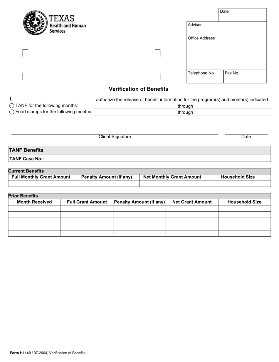 Form H1140 Verification of Benefits - Texas, Page 1