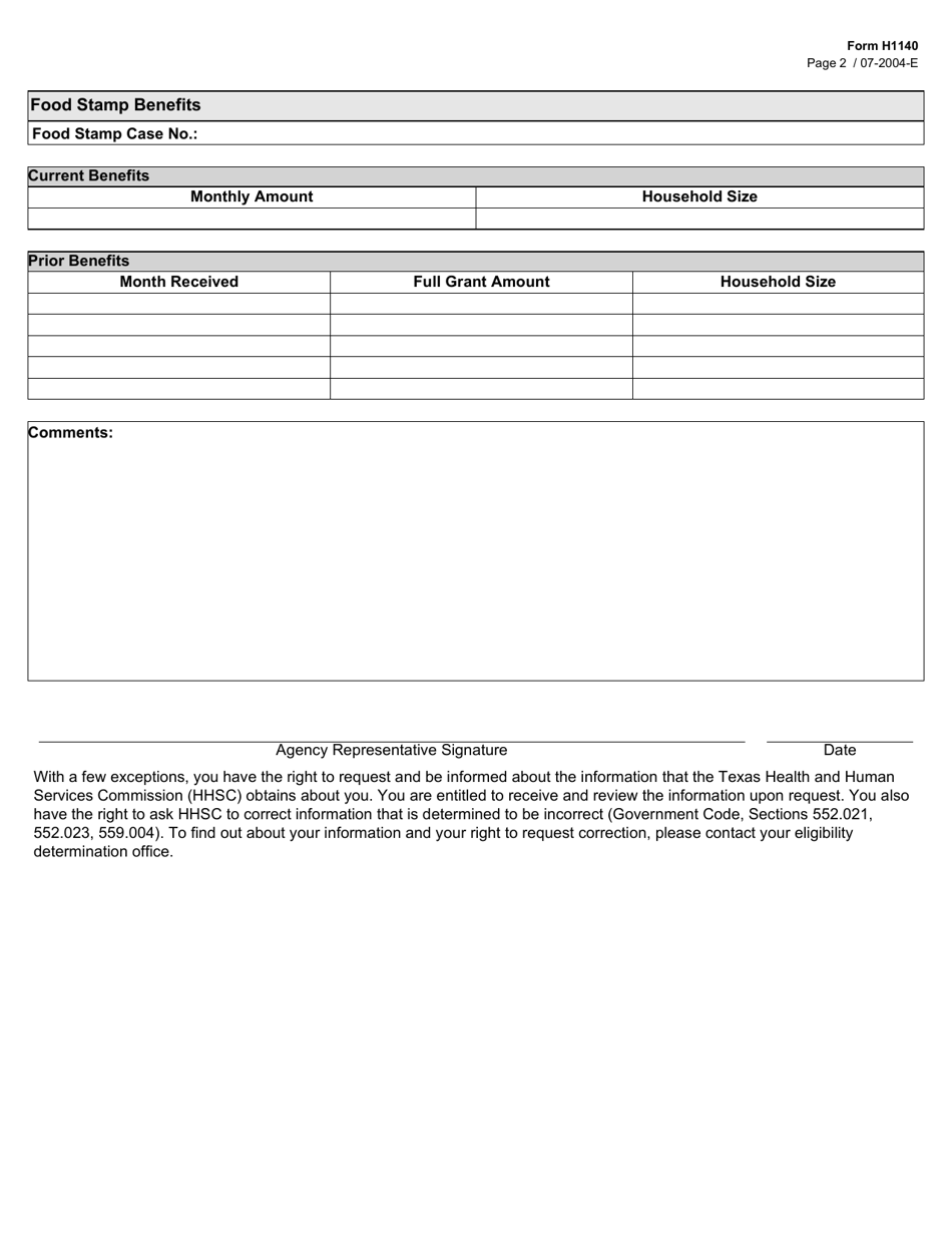 Form H1140 - Fill Out, Sign Online and Download Fillable PDF, Texas ...