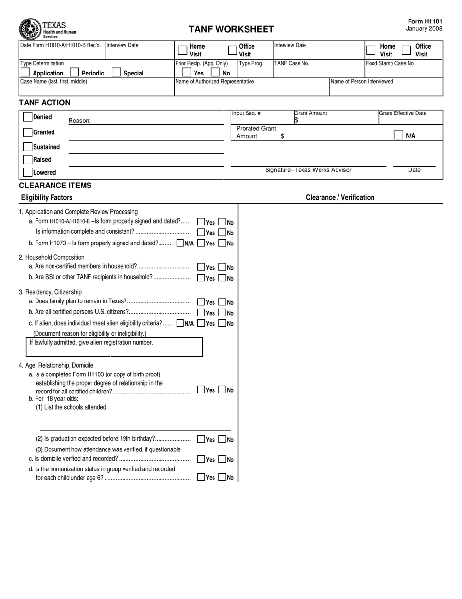 Form H1101 TANF Worksheet - Texas, Page 1