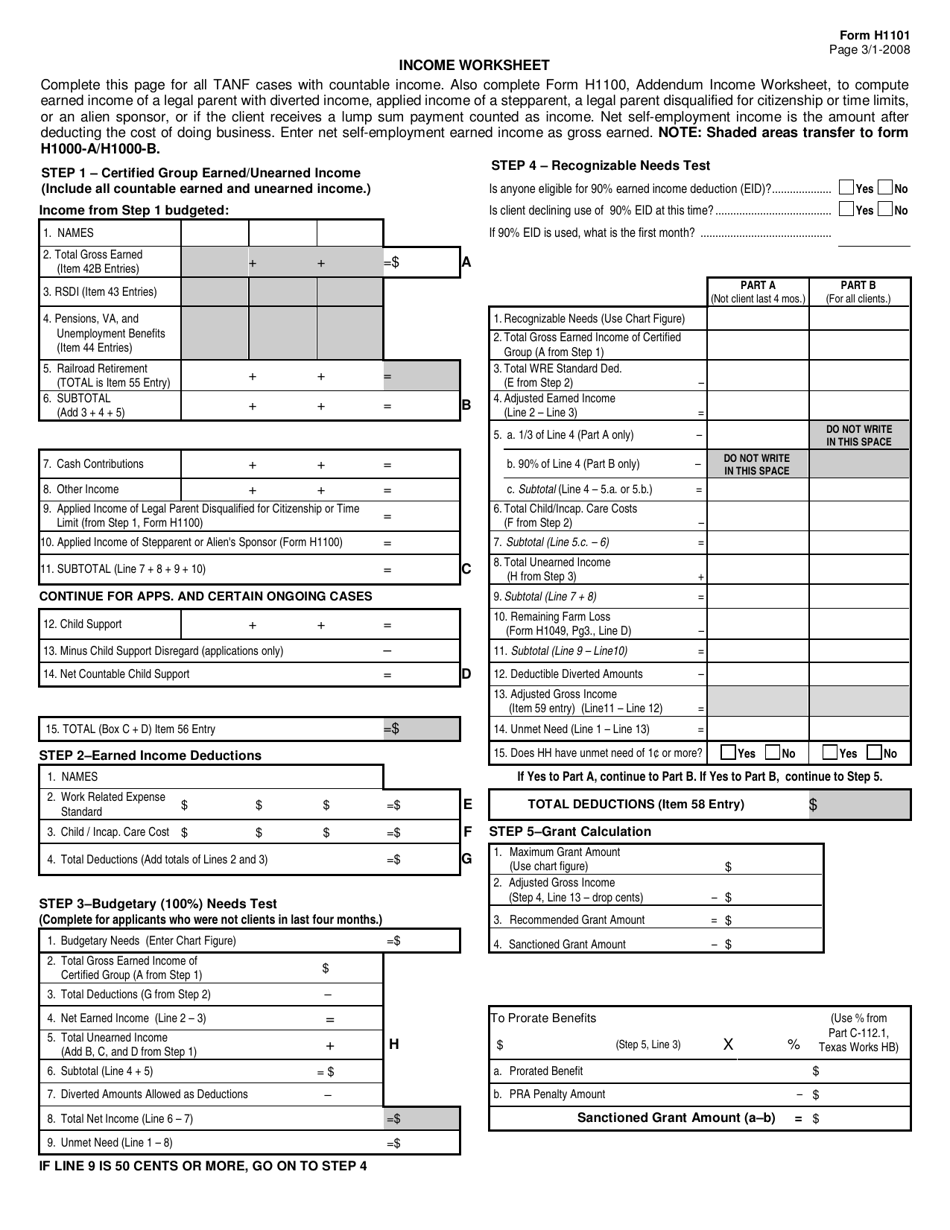 Form H1101 TANF Worksheet - Texas, Page 3