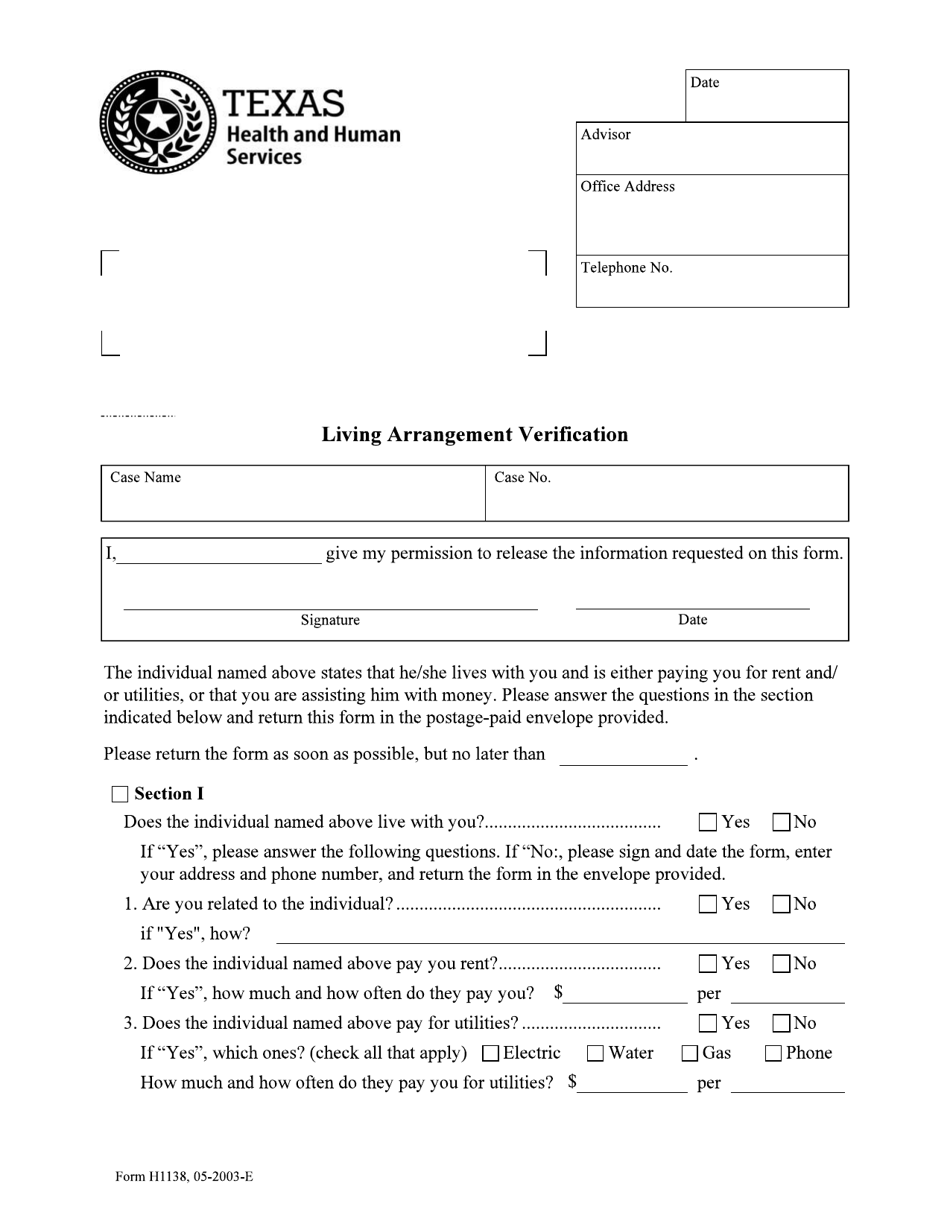 Form H1138 Living Arrangement Verification - Texas, Page 1