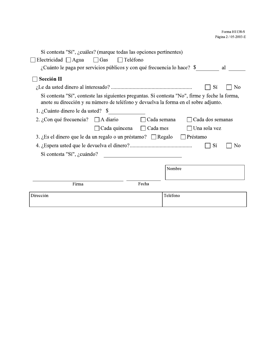 Formulario H1138-S Verificacion Del Arreglo De Vivienda - Texas (Spanish), Page 2