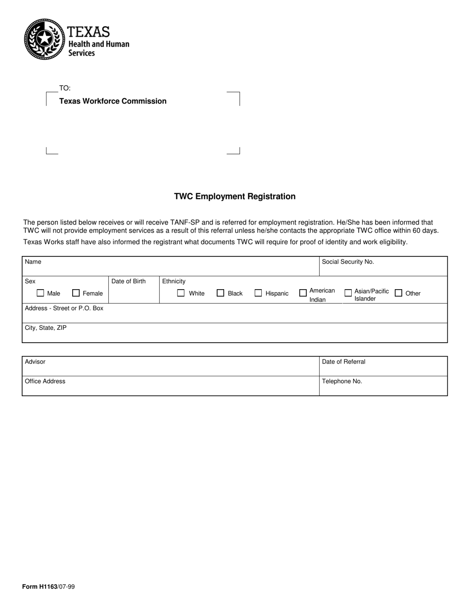 Form H1163 Twc Employment Registration - Texas, Page 1