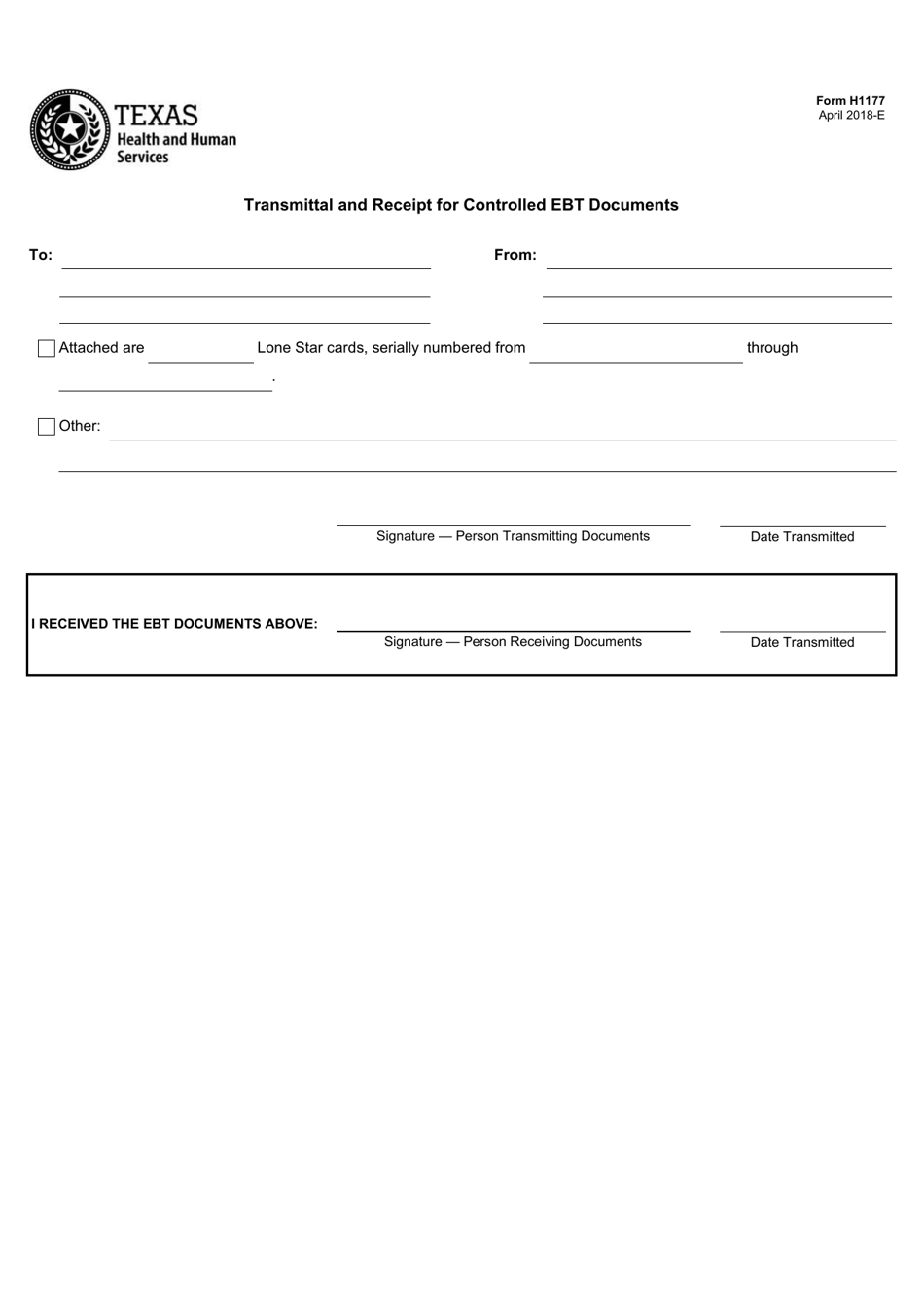 Form H1177 Transmittal and Receipt for Controlled Ebt Documents - Texas, Page 1