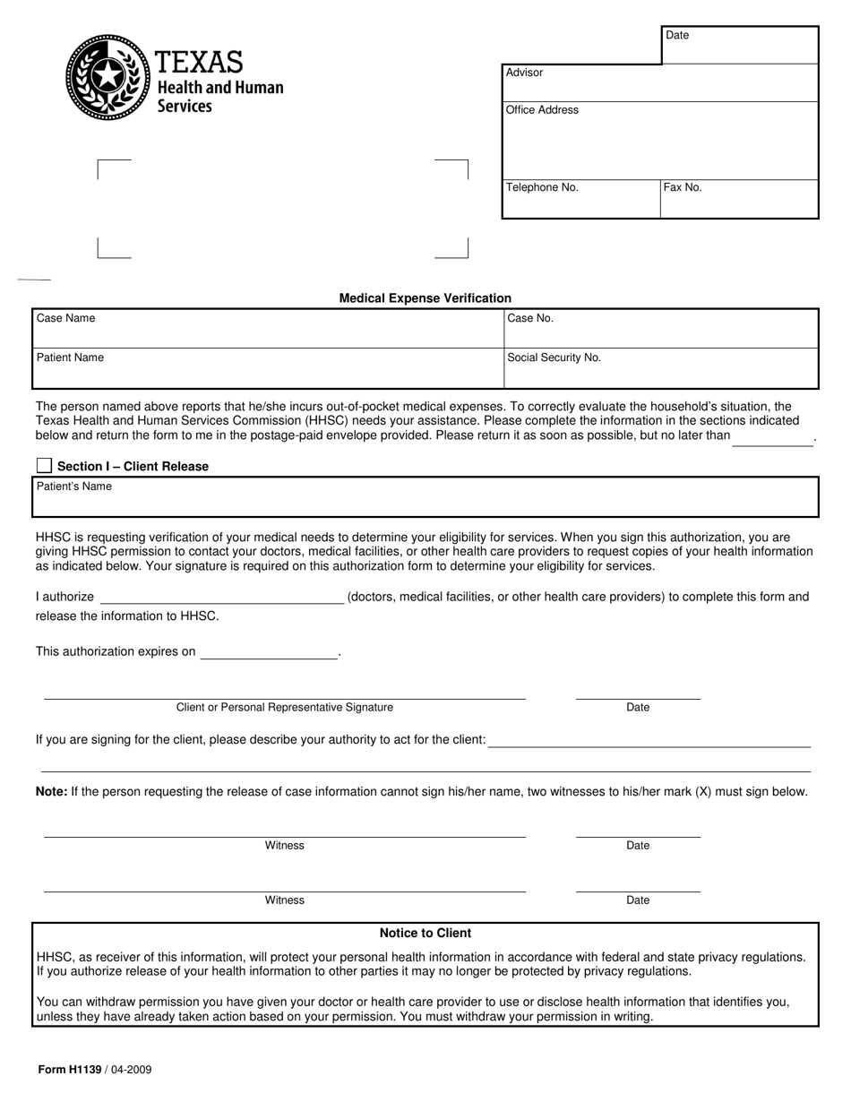Form H1139 Medical Expense Verification - Texas (English/Spanish), Page 1