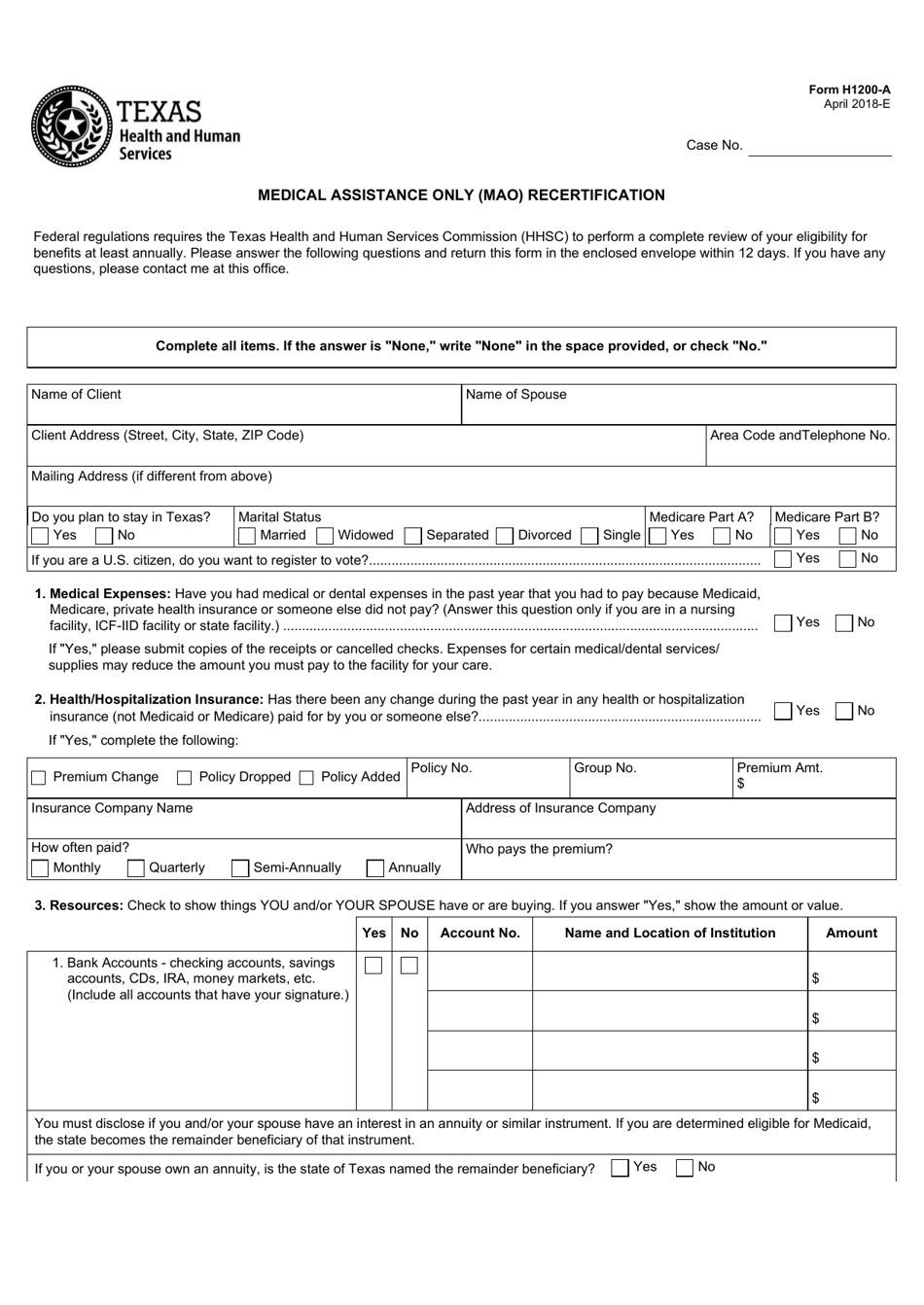 Form H1200-A Medical Assistance Only (Mao) Recertification - Texas, Page 1