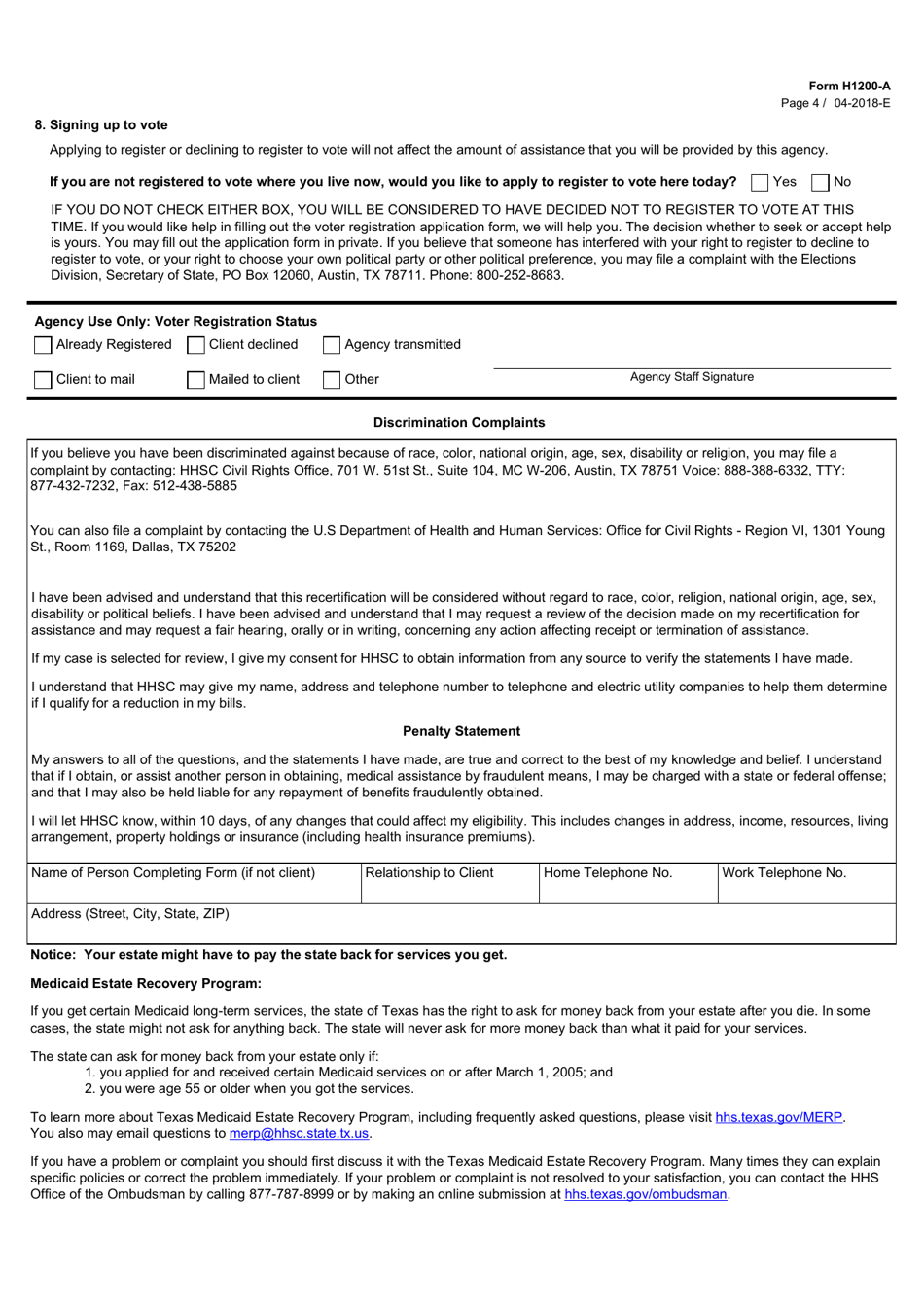 Form H1200A Fill Out, Sign Online and Download Fillable PDF, Texas