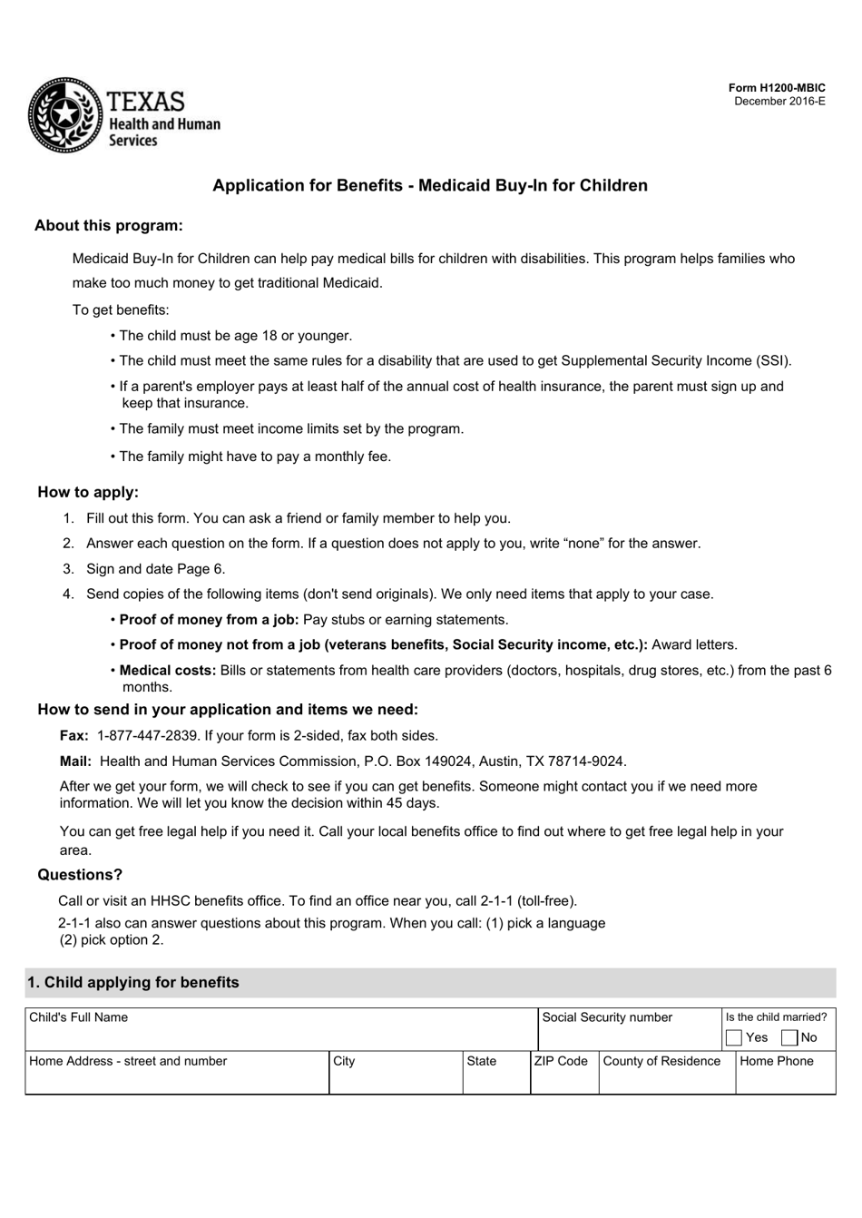 Form H1200-MBIC Application for Benefits - Medicaid Buy-In for Children - Texas, Page 1